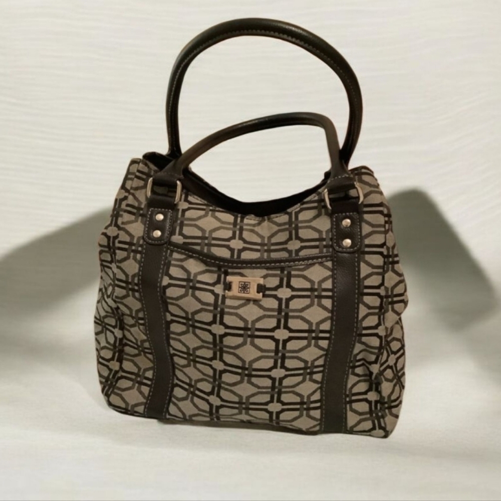 Satchel GEORGE gray & black med size 11x11x5 lots of separate sections no marks